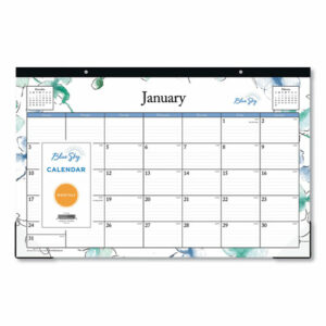 Lindley Desk Pad, Floral Artwork, 17 x 11, White/Blue/Green Sheets, Black Binding, Clear Corners, 12-Month (Jan to Dec): 2025