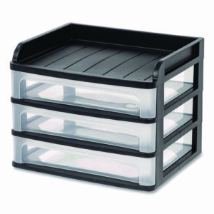 Small Three-Drawer Desktop Storage, 3 Sections, 9.13 x 6.88 x 8.13, Black/Clear