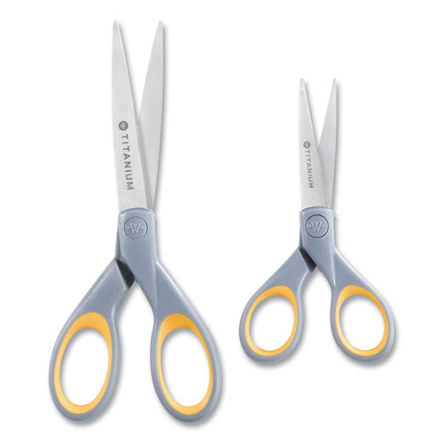 Titanium Bonded Scissors, 5" and 7" Long, 2.25" and 3.5" Cut Length, Straight Gray/Yellow Handle, 2/Pack - Image 5