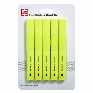 Tank Style Chisel Tip Highlighter, Yellow Ink, Chisel Tip, Yellow Barrel, 5/Pack