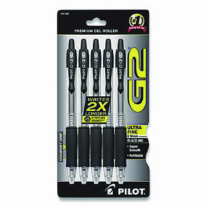 G2 Premium Gel Pen, Retractable, Extra-Fine 0.38 mm, Black Ink, Clear/Black Barrel, 5/Pack