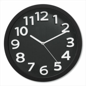 Wall Clock with Raised Numerals and Silent Sweep Dial, 13" Overall Diameter, Black Case, Black Face, 1 AA (sold separately)
