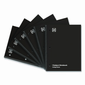 One-Subject Notebook, Medium/College Rule, Black Cover, (70) 10.5 x 8 Sheets, 6/Pack
