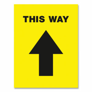 Social Distancing Floor Decals, 8.5 x 11, This Way, Yellow Face, Black Graphics, 5/Pack