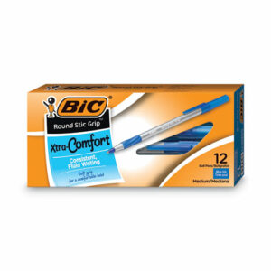 Round Stic Grip Xtra Comfort Ballpoint Pen, Easy-Glide System, Stick, Medium 1.2 mm, Blue Ink, Gray/Blue Barrel, Dozen