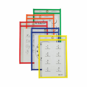 Reusable Dry Erase Pockets, Super Heavy-Duty, Top Load 6 x 9 Insert, Clear Front, Assorted Border Colors, 10/Pack