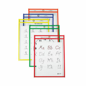 Reusable Dry Erase Pockets, Super Heavy-Duty, Top Load 9 x 12 Insert, Clear Front, Assorted Border Colors, 25/Box