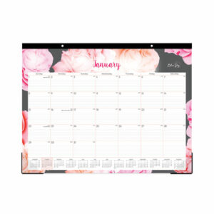 Joselyn Desk Pad, Rose Artwork, 22 x 17, White/Pink/Peach Sheets, Black Binding, Clear Corners, 12-Month (Jan to Dec): 2025