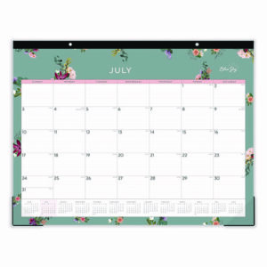 Greta Academic Year Desk Pad Calendar, Floral Artwork, 22 x 17, White/Green/Pink Sheets, 12-Month: July 2025 to June 2026