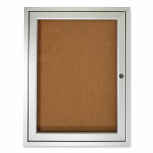 1 Door Enclosed Natural Cork Bulletin Board with Satin Frame, 36" x 36", Tan Surface, Satin Aluminum Frame