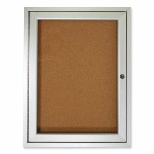 1 Door Enclosed Natural Cork Bulletin Board with Satin Frame, 30" x 36", Tan Surface, Satin Aluminum Frame
