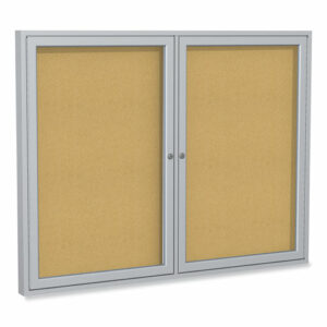 2 Door Enclosed Natural Cork Bulletin Board with Satin Frame, 48" x 36", Tan Surface, Satin Aluminum Frame