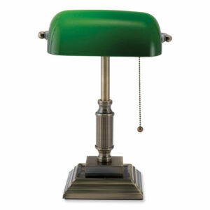 LED Bankers Lamp with Green Shade, Candlestick Neck, 14.75" High, Antique Bronze
