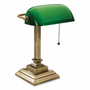 LED Banker's Lamp with Green Shade, USB Charging Port, Candlestick Neck, 15" High, Antique Brass