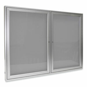 2 Door Enclosed Vinyl Bulletin Board with Satin Frame, 60" x 48", Silver Surface, Satin Aluminum Frame