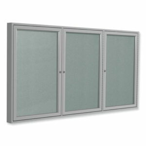 3 Door Enclosed Vinyl Bulletin Board with Satin Frame, 96" x 48", Silver Surface, Satin Aluminum Frame