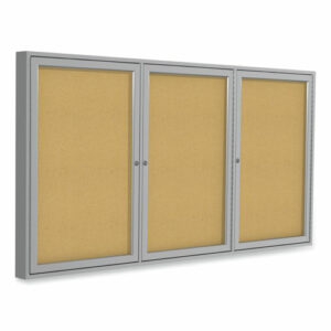 3 Door Enclosed Vinyl Bulletin Board with Satin Frame, 72" x 48", Silver Surface, Satin Aluminum Frame