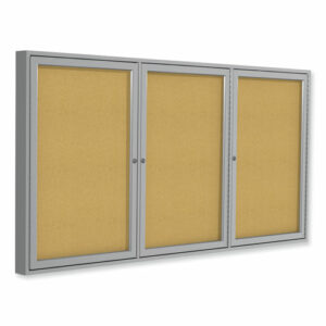 3 Door Enclosed Natural Cork Bulletin Board with Satin Frame, 96" x 48", Tan Surface, Satin Aluminum Frame