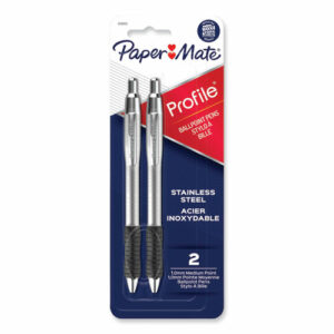 Profile Ballpoint Pen, Retractable, Medium 1 mm, Black Ink, Black/Silver Barrel, 2/Pack