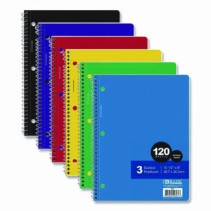 Spiral Notebooks, 3-Subject, Medium/College Rule, Randomly Assorted Cover Color, (120) 10.5 x 8 Sheets