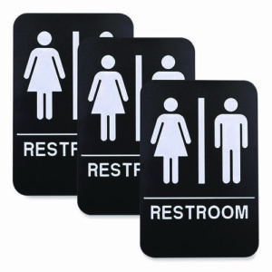 Indoor/Outdoor Restroom with Braille Text, 6" x 9", Black Face, White Graphics, 3/Pack