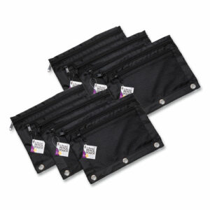Two-Pocket Binder-Insertable Pencil Pouch with Mesh Front, 2 Compartments, 3-Hole Punched, 11" x 9", Black, 6/Pack