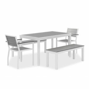 Eveleen Outdoor Dining Table Set, 55" x 35" x 29" Rectangular Table, 2 Benches, 2 Armchairs, Gray/White