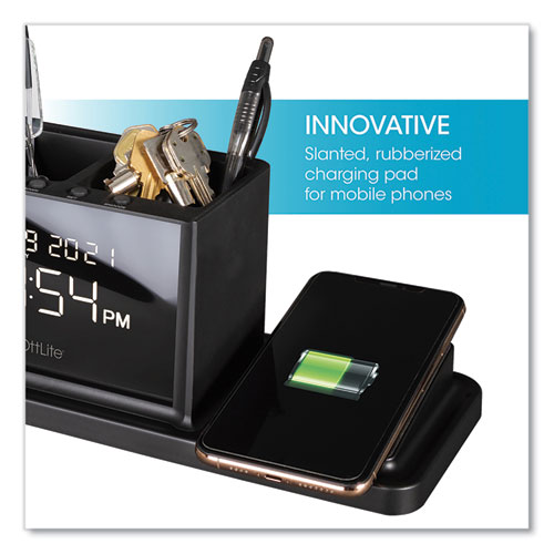 Desktop Organizer with LED Alarm Clock/Device Charger, 2 Compartments, 10.68 x 4.88 x 4.32, Black, Plastic - Image 2