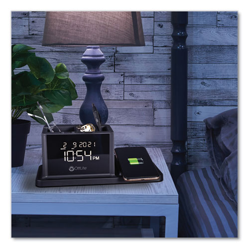Desktop Organizer with LED Alarm Clock/Device Charger, 2 Compartments, 10.68 x 4.88 x 4.32, Black, Plastic - Image 3