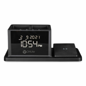 Desktop Organizer with LED Alarm Clock/Device Charger, 2 Compartments, 10.68 x 4.88 x 4.32, Black, Plastic