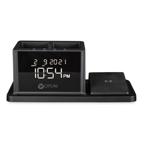 Desktop Organizer with LED Alarm Clock/Device Charger, 2 Compartments, 10.68 x 4.88 x 4.32, Black, Plastic