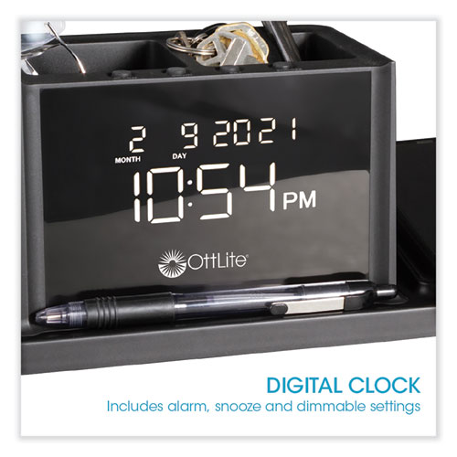 Desktop Organizer with LED Alarm Clock/Device Charger, 2 Compartments, 10.68 x 4.88 x 4.32, Black, Plastic - Image 5