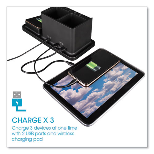 Desktop Organizer with LED Alarm Clock/Device Charger, 2 Compartments, 10.68 x 4.88 x 4.32, Black, Plastic - Image 7