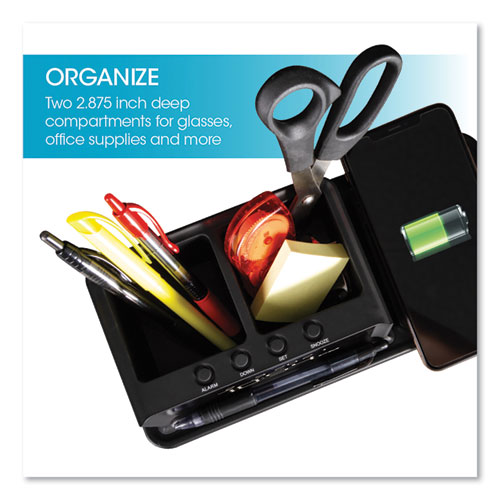 Desktop Organizer with LED Alarm Clock/Device Charger, 2 Compartments, 10.68 x 4.88 x 4.32, Black, Plastic - Image 8