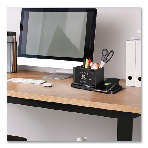 Desktop Organizer with LED Alarm Clock/Device Charger, 2 Compartments, 10.68 x 4.88 x 4.32, Black, Plastic - Image 9