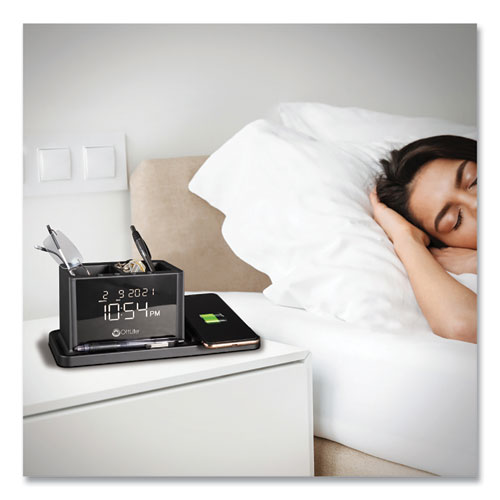 Desktop Organizer with LED Alarm Clock/Device Charger, 2 Compartments, 10.68 x 4.88 x 4.32, Black, Plastic - Image 10