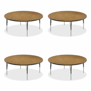 Height Adjustable Activity Tables, Round, 60" x 19" to 29", Medium Oak Top, Black Legs, 4/Pallet