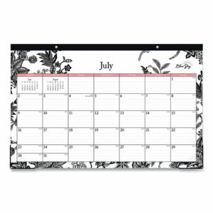 Analeis Academic Year Desk Pad Calendar, Floral Artwork, 17 x 11, White/Black/Coral Sheets, 12-Month (July-June): 2025-2026