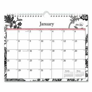 Analeis Wall Calendar, Floral Artwork, 11 x 8.75, White/Black/Coral Sheets, 12-Month (Jan to Dec): 2025
