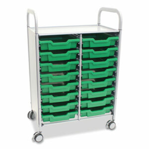 Callero Plus Double Column Trolley Set 05, Metal, 1 Shelf, 16 F1 Shallow Bins, 27.4" x 17.3" x 41.5", Silver/Grass Green