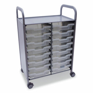 Callero Plus Double Column Trolley Set 5, Metal, 1 Shelf, 16 F1 Shallow Bins, 27.4" x 17.3" x 41.5", Silver/Translucent Frost