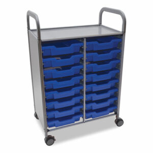 Callero Plus Double Column Trolley Set 05, Metal, 1 Shelf, 16 F1 Shallow Bins, 27.4" x 17.3" x 41.5", Silver/Royal Blue