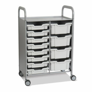 Callero Plus Double Column Trolley Set 18, Metal, 1 Shelf, 8 F1 Bins, 4 F2 Bins, 27.4" x 17.3" x 41.5", Silver/Light Gray