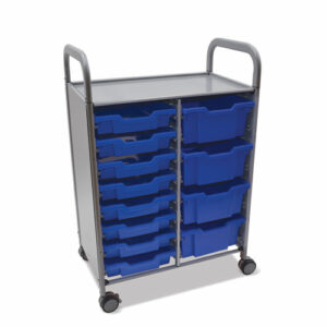 Callero Plus Double Column Trolley Set 18, Metal, 1 Shelf, 8 F1 Bins, 4 F2 Bins, 27.4" x 17.3" x 41.5", Silver/Royal Blue
