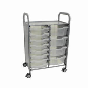 Callero Plus Double Column Trolley Set 18, Metal, 1 Shelf, 8 F1 Bins, 4 F2 Bins, 27.4" x 17.3" x 41.5", Silver/Trans Frost