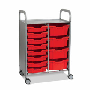 Callero Plus Double Column Trolley Set 18, Metal, 1 Shelf, 8 F1 Bins, 4 F2 Bins, 27.4" x 17.3" x 41.5", Silver/Flame Red