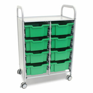 Callero Plus Double Column Trolley Set 13, Metal, 1 Shelf, 8 F2 Deep Bins, 27.4" x 17.3" x 41.5", Silver/Grass Green