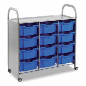 Callero Plus Treble Column Trolley Set 13, Metal, 1 Shelf, 12 F2 Deep Bins, 40.6" x 17.3" x 41.5", Silver/Royal Blue