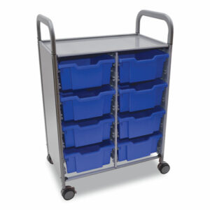 Callero Plus Double Column Trolley Set 13, Metal, 1 Shelf, 8 F2 Deep Bins, 27.4" x 17.3" x 41.5", Silver/Royal Blue