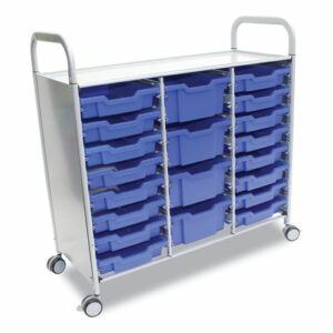 Callero Plus Treble Column Trolley Set 17, Metal, 1 Shelf, 16 F1 Bins, 4 F2 Bins, 40.6" x 17.3" x 41.5", Silver/Royal Blue